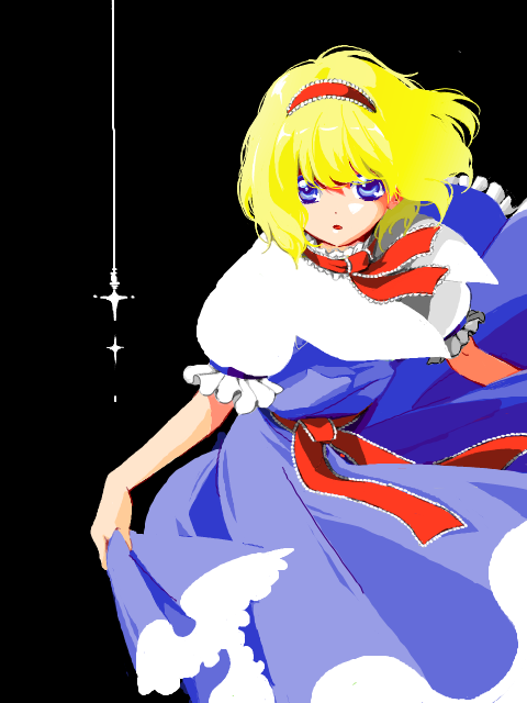 youko (santarose), alice margatroid, touhou, 1girl, black background, blonde hair, female focus, hairband, short hair, simple background, solo, standing