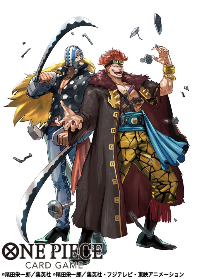 tobo katsuo, eustass kid, killer (one piece), one piece, one piece card game, commentary request, official art, 2boys, black shoes, blonde hair, blue sash, boots, copyright name, full body, goggles, goggles on head, gun, hockey mask, holding, holding weapon, long hair, looking at viewer, male focus, mask, multiple boys, open mouth, pants, red hair, red nails, red sash, sash, shoes, short hair, simple background, weapon, white background