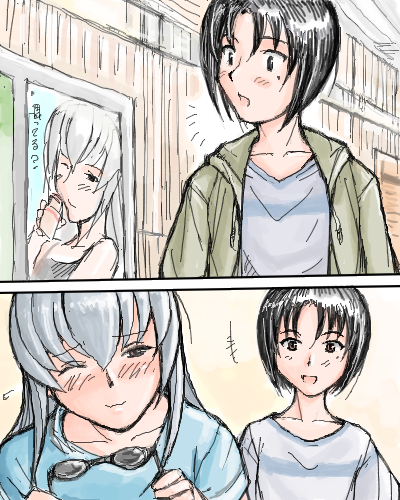 tsuda nanafushi, kashiwaba tomoe, suigintou, rozen maiden, silver hair, lowres, translation request, 00s, 2girls, aged up, black hair, blush, casual, mole, mole under eye, multiple girls, one eye closed, red eyes, short hair, sunglasses, wink