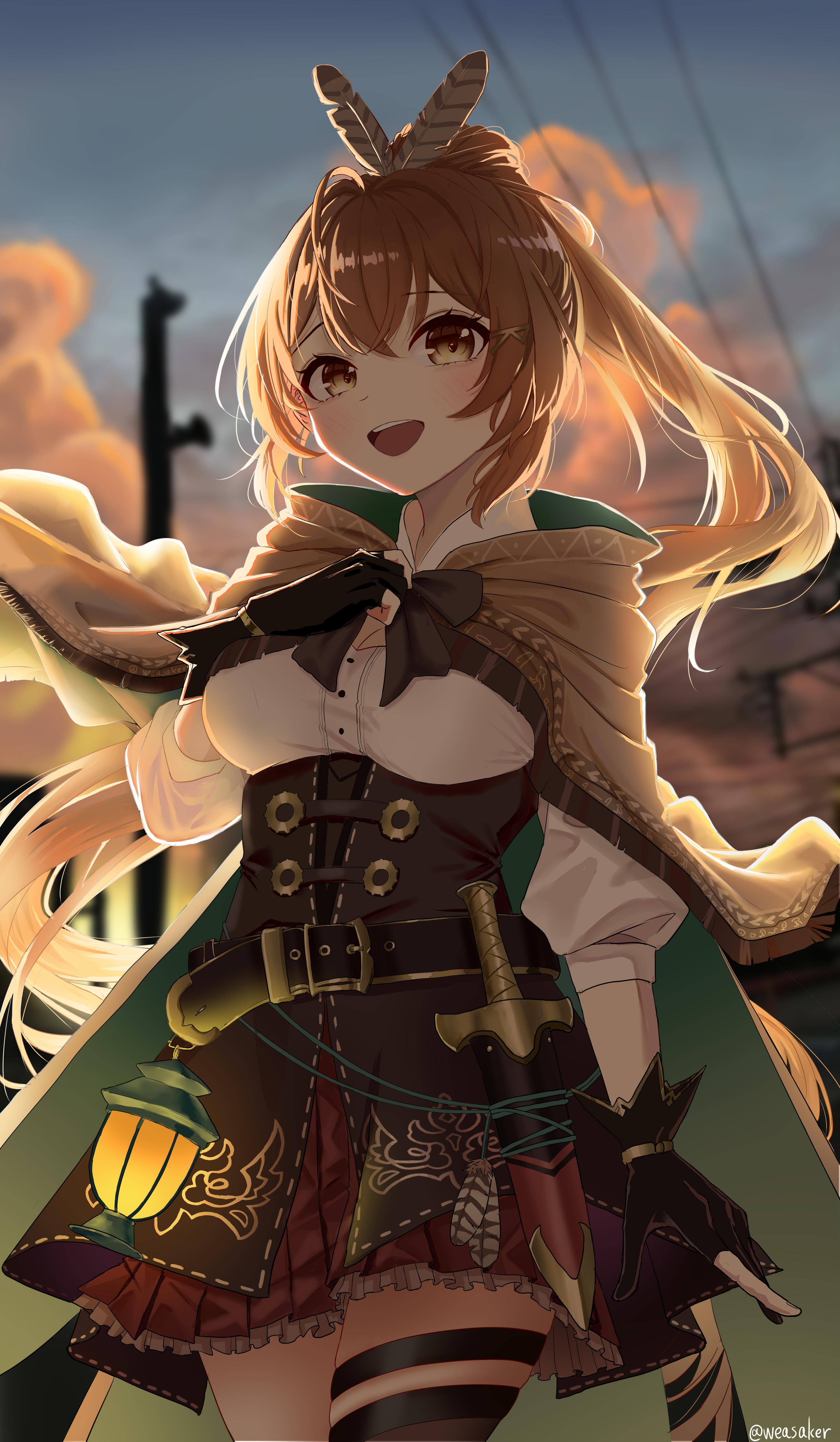 weasaker, nanashi mumei, nanashi mumei (1st costume), hololive, hololive english, absurdres, commentary, highres, 1girl, :d, backlighting, belt, black belt, black gloves, blurry, blurry background, bow, bowtie, breasts, brown bow, brown bowtie, brown capelet, brown eyes, brown hair, cape, capelet, cleavage, cloud, collared shirt, feather hair ornament, feathers, gloves, glowing, hair between eyes, hair ornament, hood, hooded capelet, lantern, long hair, looking at viewer, miniskirt, open mouth, pleated skirt, ponytail, red skirt, shirt, single thighhigh, skirt, smile, solo, teeth, thighhighs, tongue, upper teeth only, virtual youtuber, white shirt