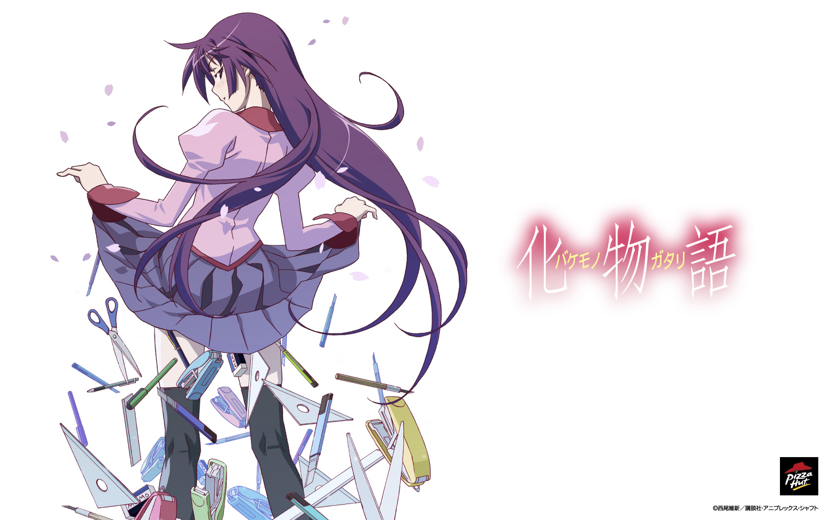 watanabe akio, senjougahara hitagi, bakemonogatari, monogatari (series), pizza hut, highres, official art, official wallpaper, source request, 00s, 1girl, black thighhighs, blue eyes, boxcutter, clothes lift, eraser, female focus, from behind, knife, lifting own clothes, long hair, looking at viewer, looking back, pen, petals, pleated skirt, product placement, purple hair, ruler, school uniform, scissors, senjougahara hitagi skirt lift pose, set square, simple background, skirt, skirt lift, solo, stapler, thighhighs, very long hair, white background, wind
