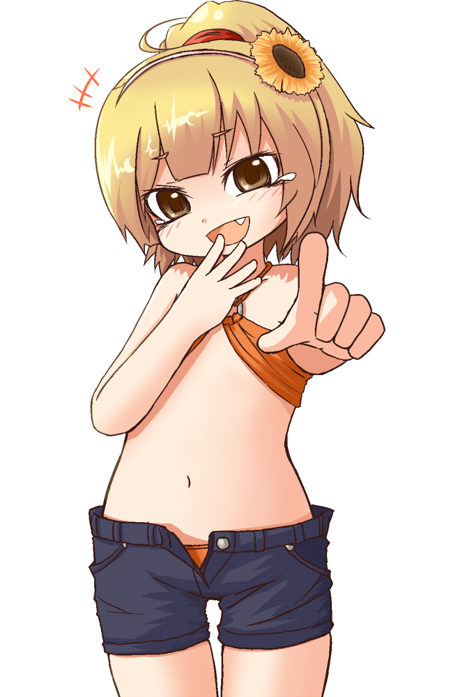 tamute (2580rs), marui mitsuba, mitsudomoe (manga), 1girl, bikini, brown eyes, brown hair, denim, denim shorts, fang, female focus, flower, hair flower, hair ornament, hairband, navel, pointing, ponytail, short hair, shorts, simple background, solo, swimsuit, unzipped