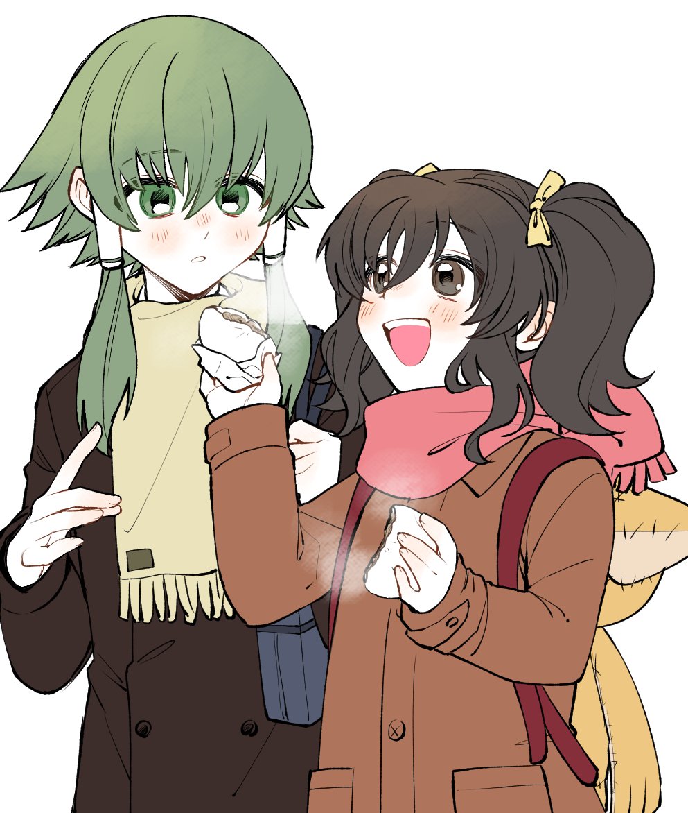 igarashi (morimorienoki), anise tatlin, ion (tales), tokunaga (tales), tales of (series), tales of the abyss, commentary request, 1boy, 1girl, alternate costume, backpack, bag, black coat, black hair, blush, brown coat, brown eyes, coat, food, green eyes, green hair, hair between eyes, hair ribbon, holding, holding food, long hair, long sleeves, looking at another, open mouth, parted lips, pink scarf, ribbon, scarf, sharing food, short hair with long locks, sidelocks, steam, twintails, upper body, white background, winter clothes, yellow ribbon