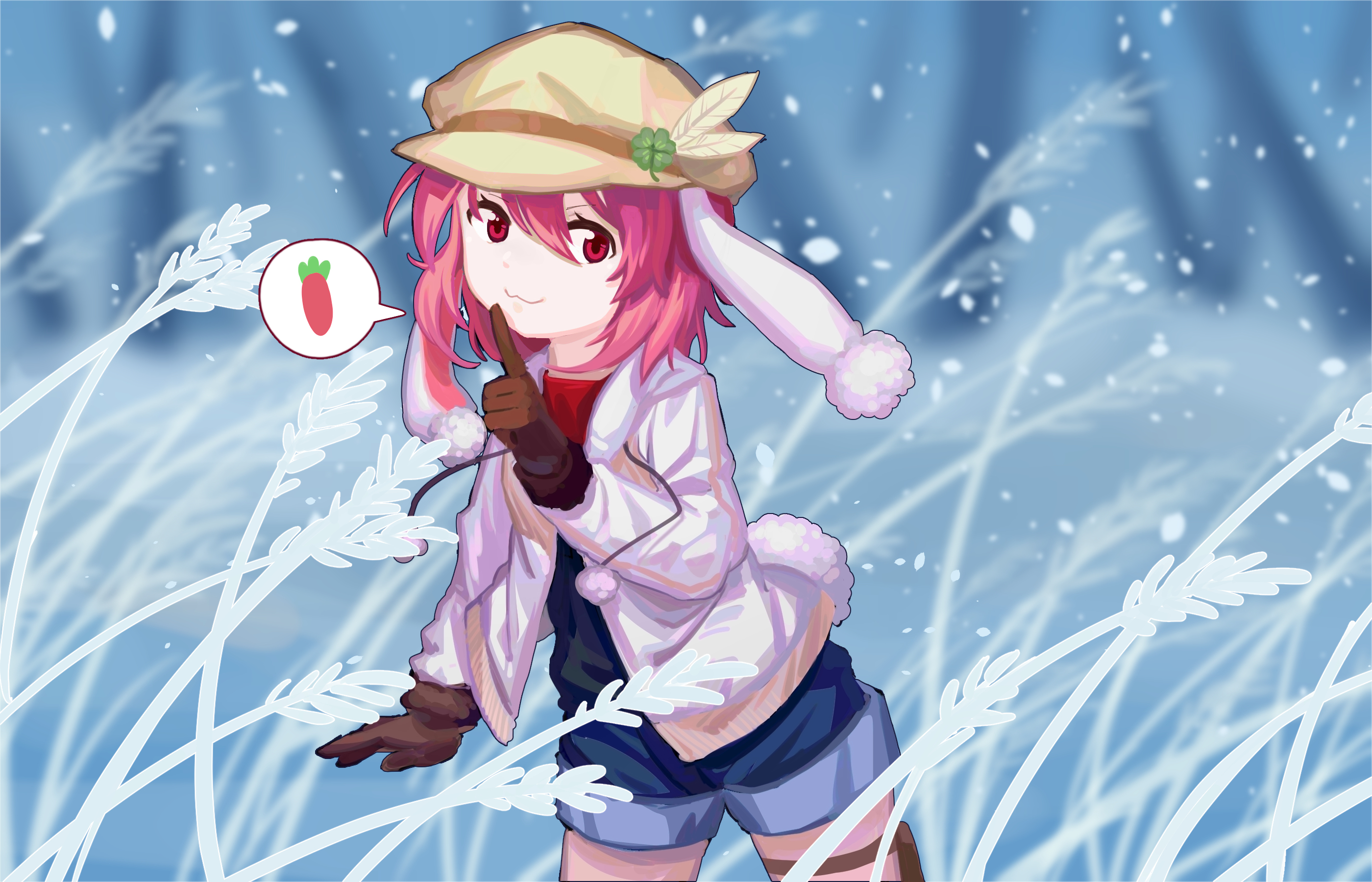 furahata gen, original, touhou, character request, commentary, highres, 1girl, :3, animal ears, black shirt, brown gloves, carrot, closed mouth, clover, coat, denim, four-leaf clover, gloves, hair between eyes, hat, hat feather, hat ornament, jeans, leaf hat ornament, leaning forward, pants, pink eyes, pink hair, rabbit ears, rabbit girl, red shirt, shirt, short hair, snow, snow rabbit, snowing, solo, speech bubble, standing, wheat, white coat, yellow hat