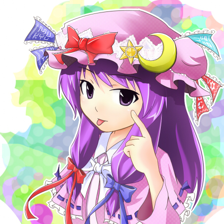 tsuyuki, tsuyuki (yukitgraph), patchouli knowledge, touhou, lowres, 1girl, akanbe, eyelid pull, female focus, hat, purple eyes, purple hair, ribbon, solo, tongue, tongue out