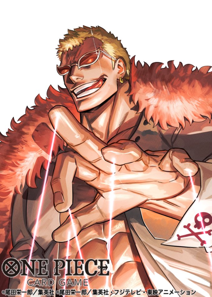 tobo katsuo, donquixote doflamingo, one piece, one piece card game, commentary request, official art, 1boy, abs, blonde hair, copyright name, earrings, evil smile, glint, jewelry, long sleeves, male focus, open clothes, open shirt, short hair, simple background, smile, solo, string, sunglasses, tongue, tongue out, upper body, white background