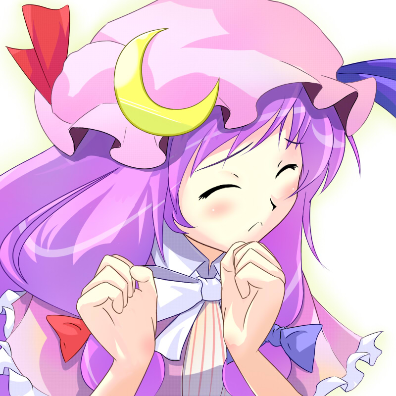 tsuyuki, tsuyuki (yukitgraph), patchouli knowledge, touhou, 1girl, blush, closed eyes, female focus, hat, purple hair, solo, wince