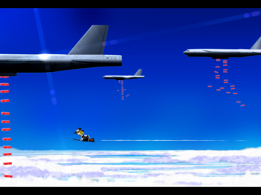 tsuyuki, tsuyuki (yukitgraph), kirisame marisa, touhou, 1girl, aerial bomb, aircraft, airplane, b-52 stratofortress, blonde hair, bomb, bomb bay, bomber, broom, day, explosive, female focus, flying, heavy bomber, letterboxed, military, military vehicle, penetrator (aircraft), profile, sky, solo, strategic bomber, vehicle focus
