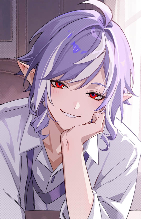 orsat, vivian banshee, zenless zone zero, commentary request, 1boy, ahoge, blush, collarbone, drill hair, drill sidelocks, genderswap, genderswap (ftm), head rest, indoors, looking at viewer, male focus, mole, mole under eye, necktie, parted lips, pointy ears, purple hair, purple nails, purple necktie, red eyes, shirt, sidelocks, sleeves rolled up, smile, solo, undone necktie, upper body, white shirt