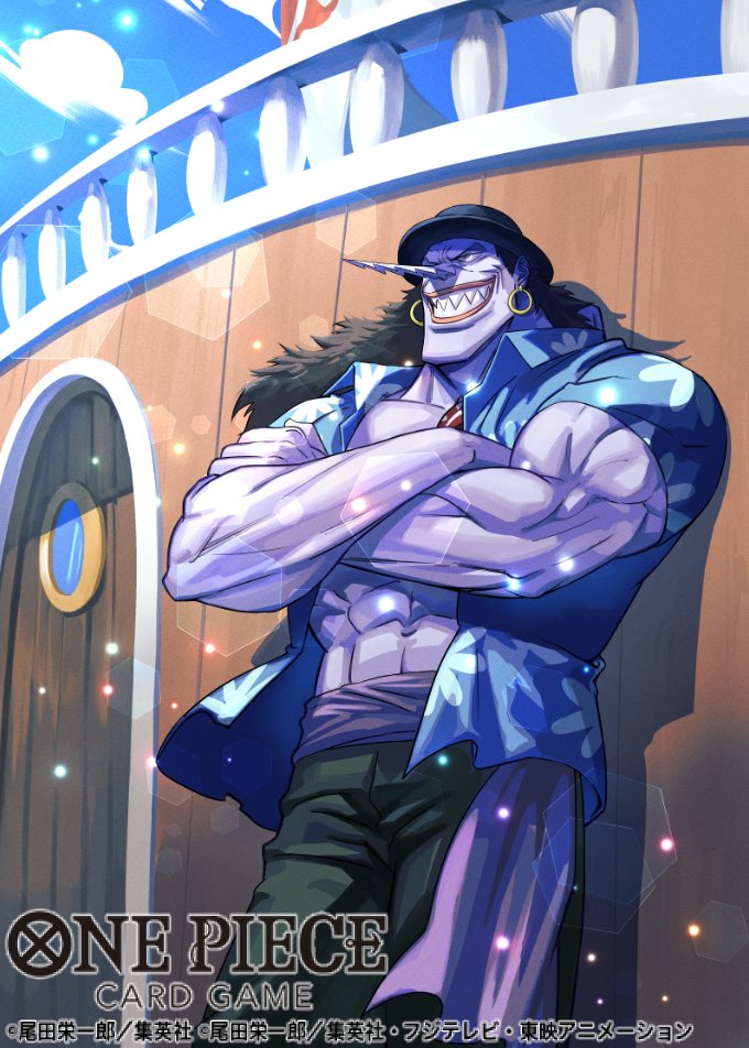 tobo katsuo, arlong, one piece, one piece card game, commentary request, official art, 1boy, abs, aged down, black hair, blue skin, chest tattoo, colored skin, copyright name, crossed arms, earrings, hat, jewelry, long hair, long nose, looking ahead, male focus, muscular, muscular male, outdoors, sash, sharp teeth, solo, tattoo, teeth