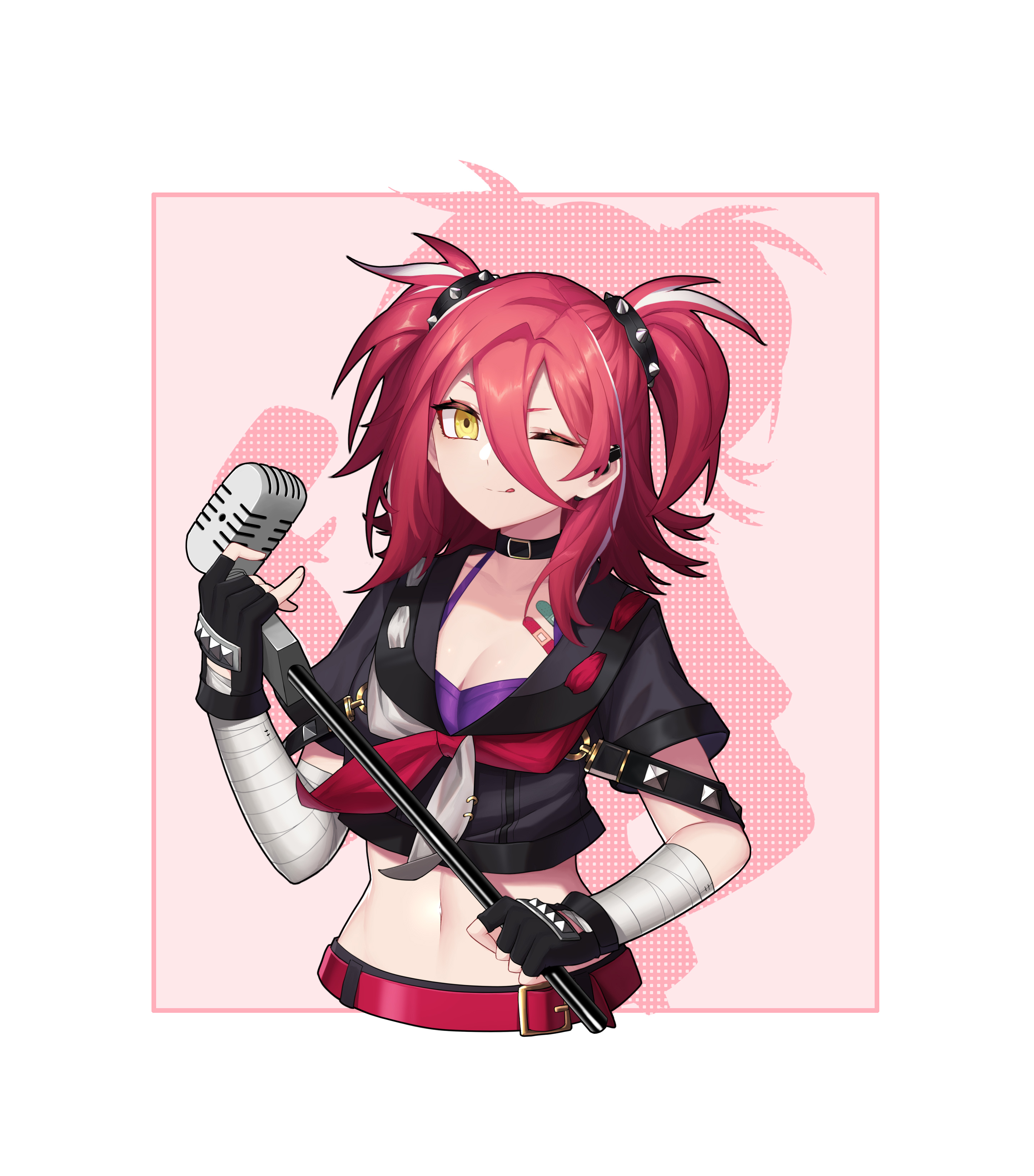 z-jun.dd-zhong, yogiri (hololive), hololive, hololive china, absurdres, chinese commentary, commentary request, highres, 1girl, ;q, bandaged arm, bandages, bandaid, belt, black choker, black gloves, black shirt, bra, breasts, choker, fingerless gloves, gloves, hair between eyes, holding, holding microphone, microphone, navel, neckerchief, one eye closed, purple bra, red belt, red hair, red neckerchief, shirt, solo, tongue, tongue out, two side up, underwear, virtual youtuber, white hair, white neckerchief, yellow eyes