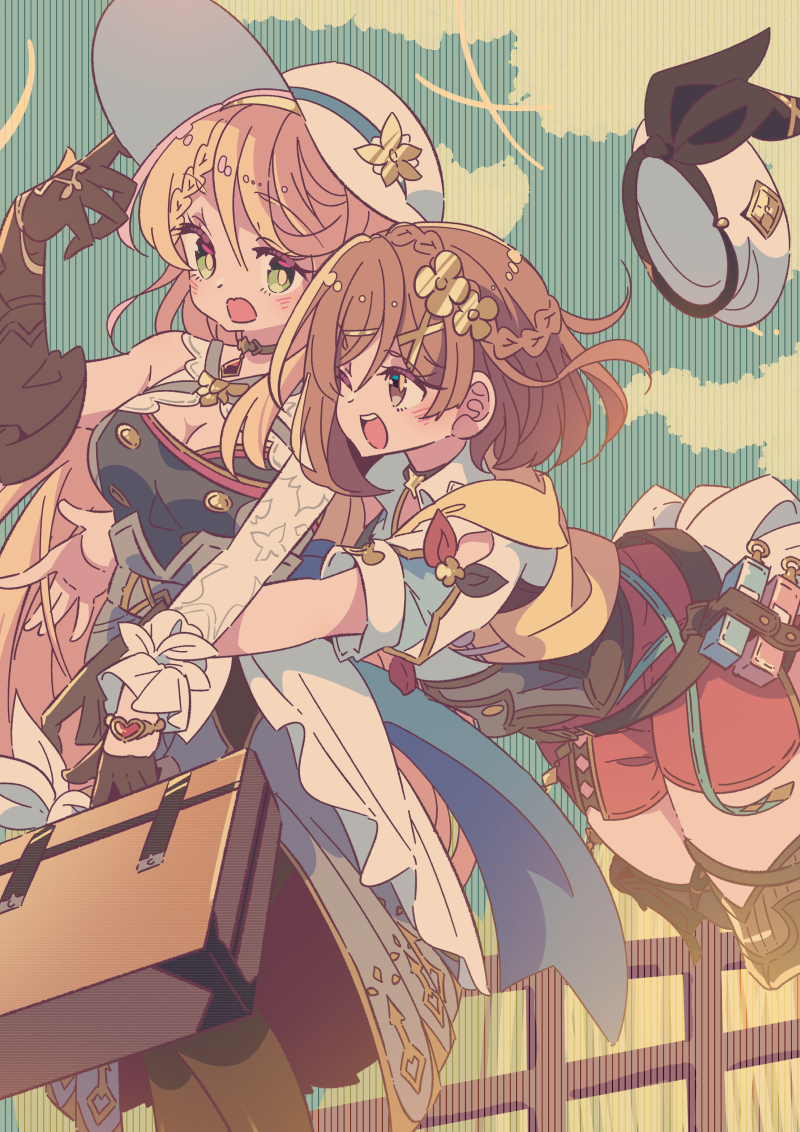 honkawa works, klaudia valentz, reisalin stout, atelier (series), atelier ryza, atelier ryza 3, commentary request, 2girls, belt, black pantyhose, blonde hair, blush, boots, braid, braided bangs, brown boots, brown eyes, brown gloves, brown hair, brown thighhighs, dress, flask, gloves, green eyes, half gloves, hat, hug, hug from behind, jacket, jewelry, long hair, multiple girls, necklace, one eye closed, pantyhose, pleated dress, red shorts, short shorts, shorts, single glove, star (symbol), star necklace, suitcase, thighhighs, very long hair, white hat, yellow jacket, yuri