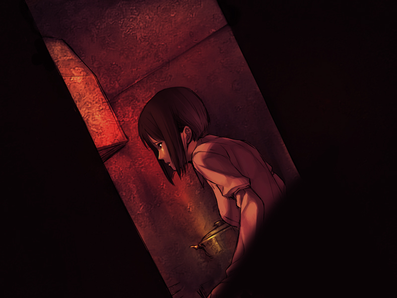 takahata oumi, saya no uta, game cg, tagme, 1girl, black hair, dark, female focus, red theme, scared, short hair, solo