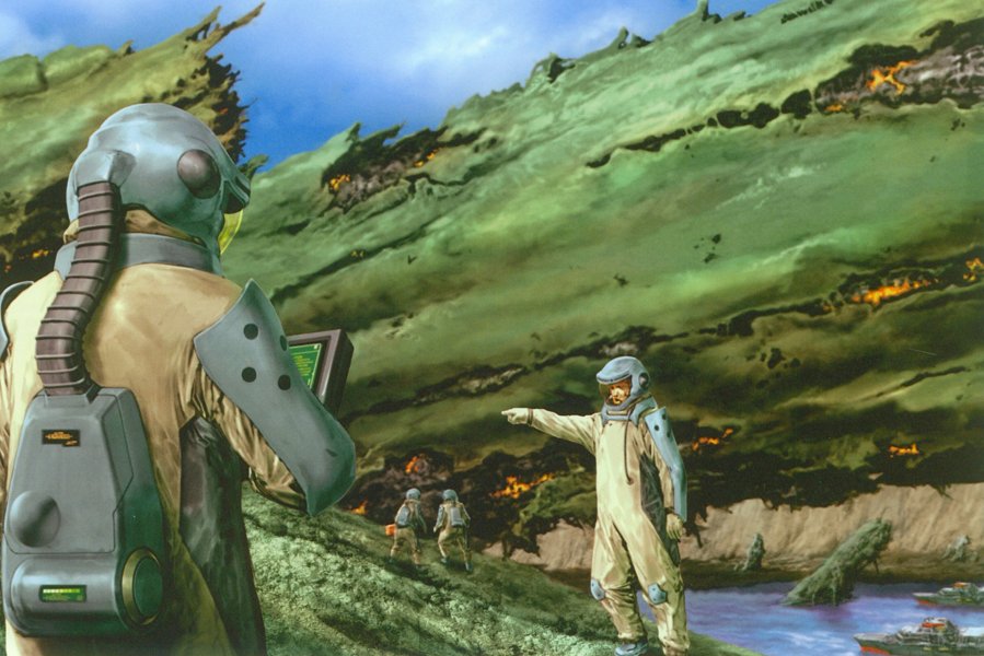 ass-1, sdf-1, south ataria, supervision army, choujikuu yousai macross, macross, macross zero, 1980s (style), non-web source, official art, 4boys, alien, boat, gun destroyer, hazmat suit, island, male focus, mecha, multiple boys, nbc suit, oldschool, retro artstyle, robot, ruins, science fiction, scientist, ship, soldier, spacecraft, spacesuit, u.n. spacy, water, watercraft, wreckage