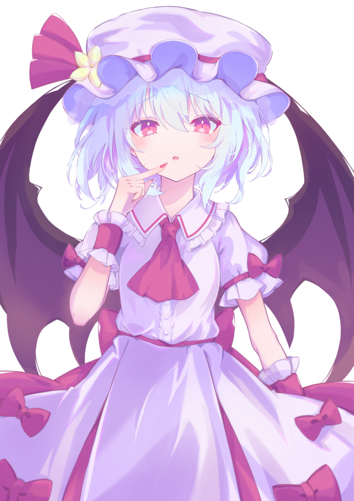 tomoe (fdhs5855), remilia scarlet, touhou, commentary request, highres, 1girl, :o, arm behind back, ascot, blue eyes, blue hair, breasts, curious, demon girl, demon wings, dress, fangs, finger to mouth, flower, frilled wristband, hair between eyes, hat, hat flower, hat ribbon, looking at viewer, medium hair, pink dress, red ascot, red eyes, red nails, red ribbon, ribbon, short sleeves, slit pupils, small breasts, solo, standing, staring, vampire, white dress, wings, yellow flower