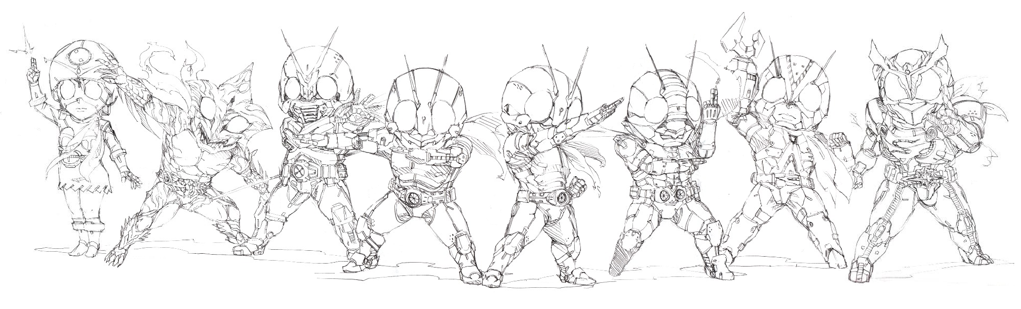 nakano haito, electro wave human tackle, kamen rider 1, kamen rider 2, kamen rider amazon, kamen rider stronger, kamen rider v3, kamen rider x, riderman, kamen rider, kamen rider (1st series), highres, long image, wide image, 6+boys, antennae, belt, greyscale, lineart, male focus, monochrome, multiple boys, scarf