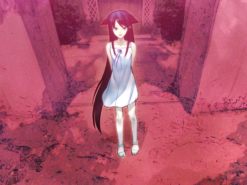 chuuou higashiguchi, saya (saya no uta), saya no uta, game cg, 1girl, arms behind back, black hair, dress, female focus, green eyes, long hair, open mouth, red background, sandals, smile, solo, very long hair, white dress