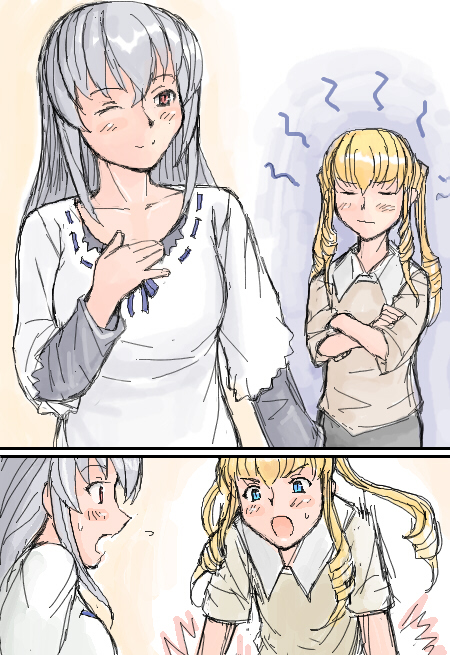 tsuda nanafushi, shinku, suigintou, rozen maiden, silver hair, 00s, aged up, blonde hair, blue eyes, casual, red eyes, wink