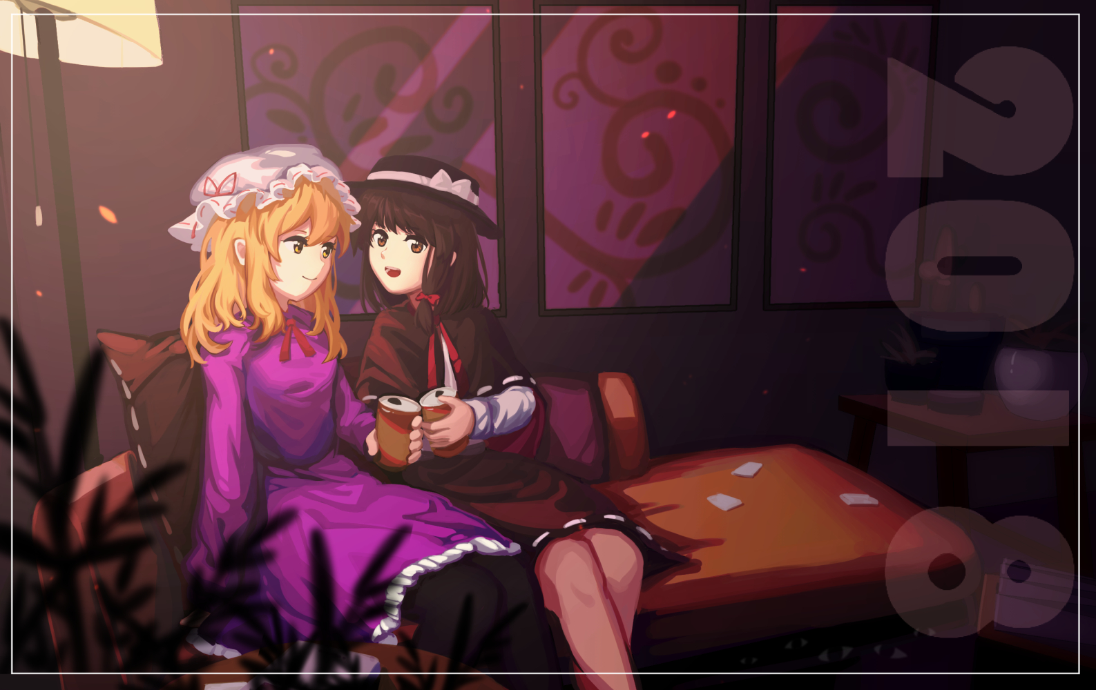furahata gen, maribel hearn, usami renko, touhou, 2018, 2girls, :d, black capelet, black hat, black pantyhose, black skirt, blonde hair, bow, brown eyes, brown hair, can, capelet, closed mouth, dress, dress ribbon, flower pot, frilled dress, frills, hair bow, hat, hat bow, hat ribbon, holding, holding can, lamp, long dress, long sleeves, looking at another, medium hair, mob cap, multiple girls, open mouth, pantyhose, purple dress, red bow, red ribbon, ribbon, shirt, sitting, skirt, sleeve cuffs, smile, white bow, white hat, white shirt, yellow eyes