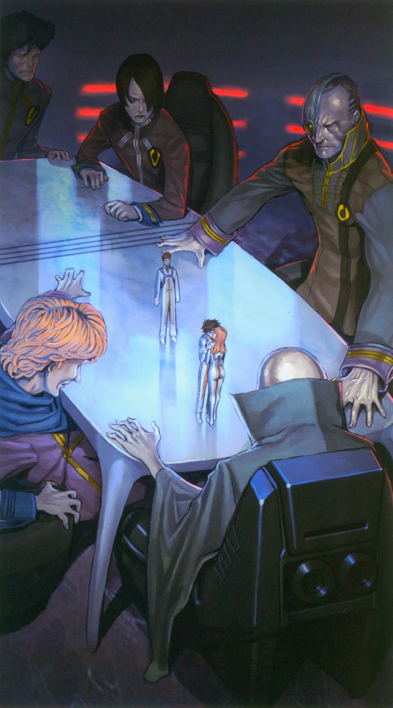 boddole zer, conda bromco, exsedol folmo, hayase misa, ichijou hikaru, kakizaki hayao, loli dosel, vrlitwhai kridanik, zentradi, choujikuu yousai macross, macross, pilot suit, 1980s (style), annotated, artist request, character request, highres, non-web source, official art, 1girl, 6+boys, ass, bald, black hair, bodysuit, brown hair, chair, faceplate, giant, kiss, long hair, manly, military, military uniform, multiple boys, oldschool, orange hair, realistic, retro artstyle, scared, short hair, table