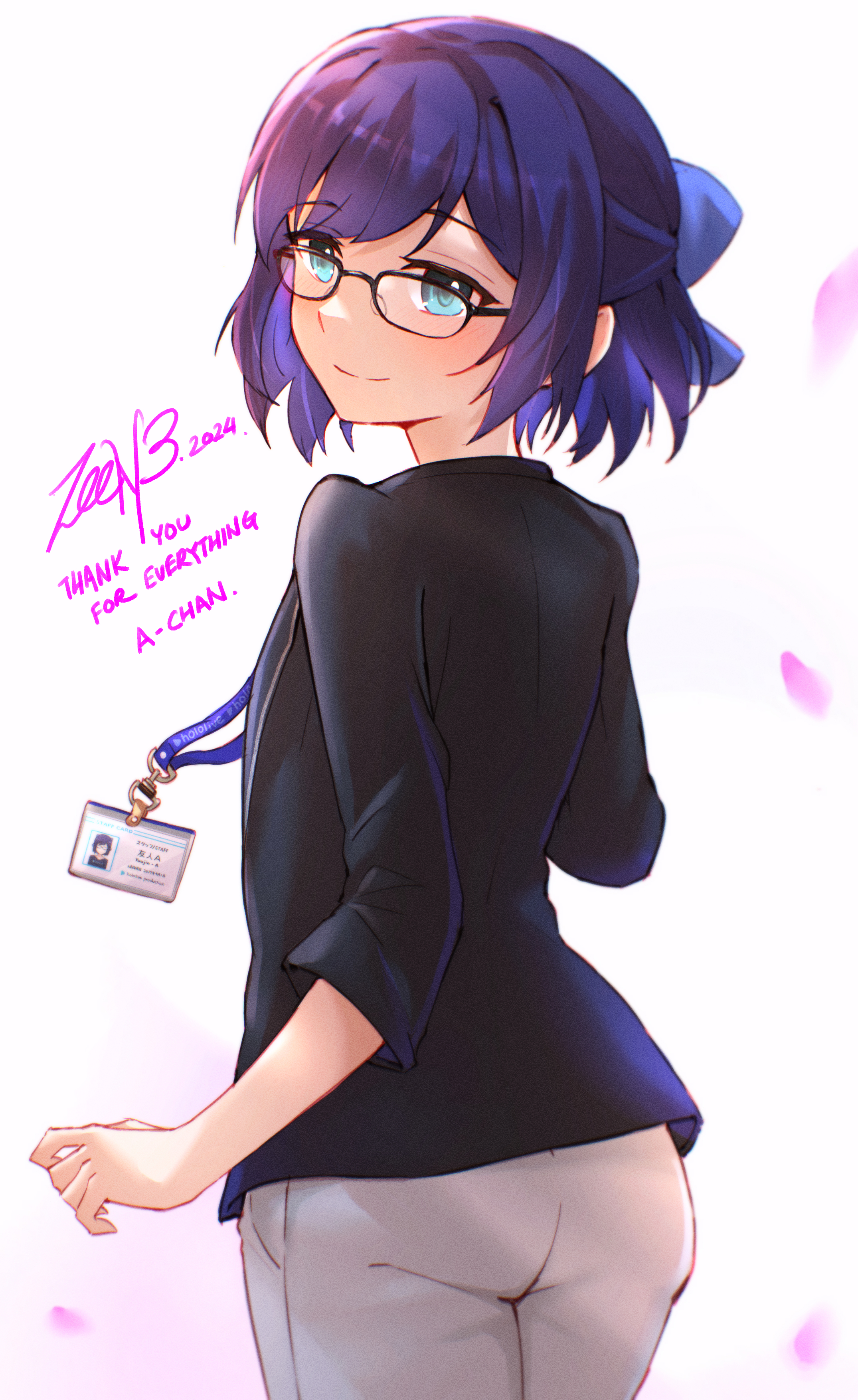 zee n3, a-chan (1st costume) (hololive), a-chan (hololive), hololive, absurdres, commentary request, highres, partial commentary, 1girl, 2024, black-framed eyewear, black shirt, blue bow, blue eyes, blue hair, bow, character name, closed mouth, glasses, grey pants, hair bow, id card, lanyard, looking at viewer, looking back, pants, shirt, signature, smile, solo, thank you, virtual graduation commemoration, virtual youtuber