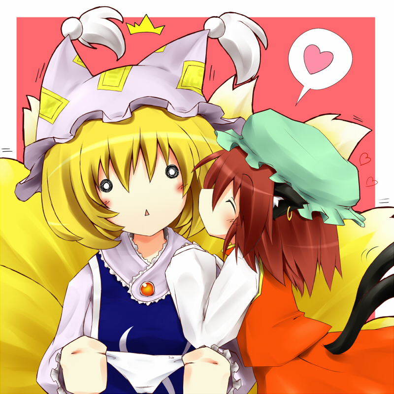 haetorisou, chen, yakumo ran, touhou, 2girls, :<, ^^^, age difference, animal ears, animal hat, blonde hair, blush, brown hair, cat ears, cat girl, cat tail, child, closed eyes, earrings, female focus, fox tail, hat, heart, holding, holding panties, holding underwear, holding unworn clothes, jewelry, kiss, long sleeves, mob cap, multiple girls, multiple tails, o o, onee-loli, panties, red background, short hair, spoken heart, tail, tassel, trembling, underwear, white panties, yuri