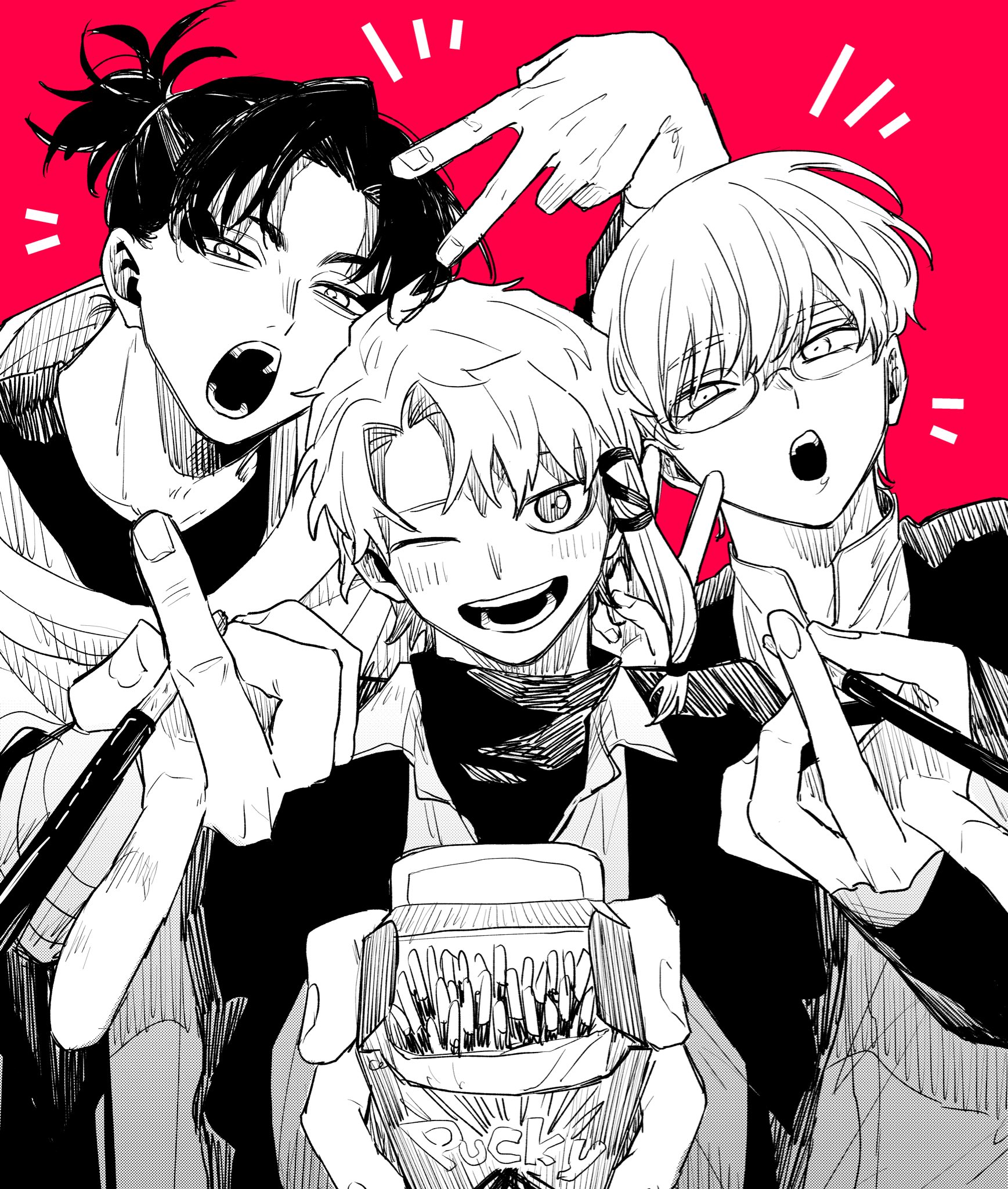 azami, sazanami hakuri, shirakai kiri, uruha youji, kagurabachi, commentary request, highres, 1girl, 2boys, :o, ;d, box, brand name imitation, collared shirt, dress shirt, food, glasses, greyscale with colored background, holding, holding food, holding pocky, incoming food, multiple boys, notice lines, one eye closed, open mouth, pocky, red background, shirt, short eyebrows, short hair, simple background, single sidelock, smile, tomboy, turtleneck, undershirt, v