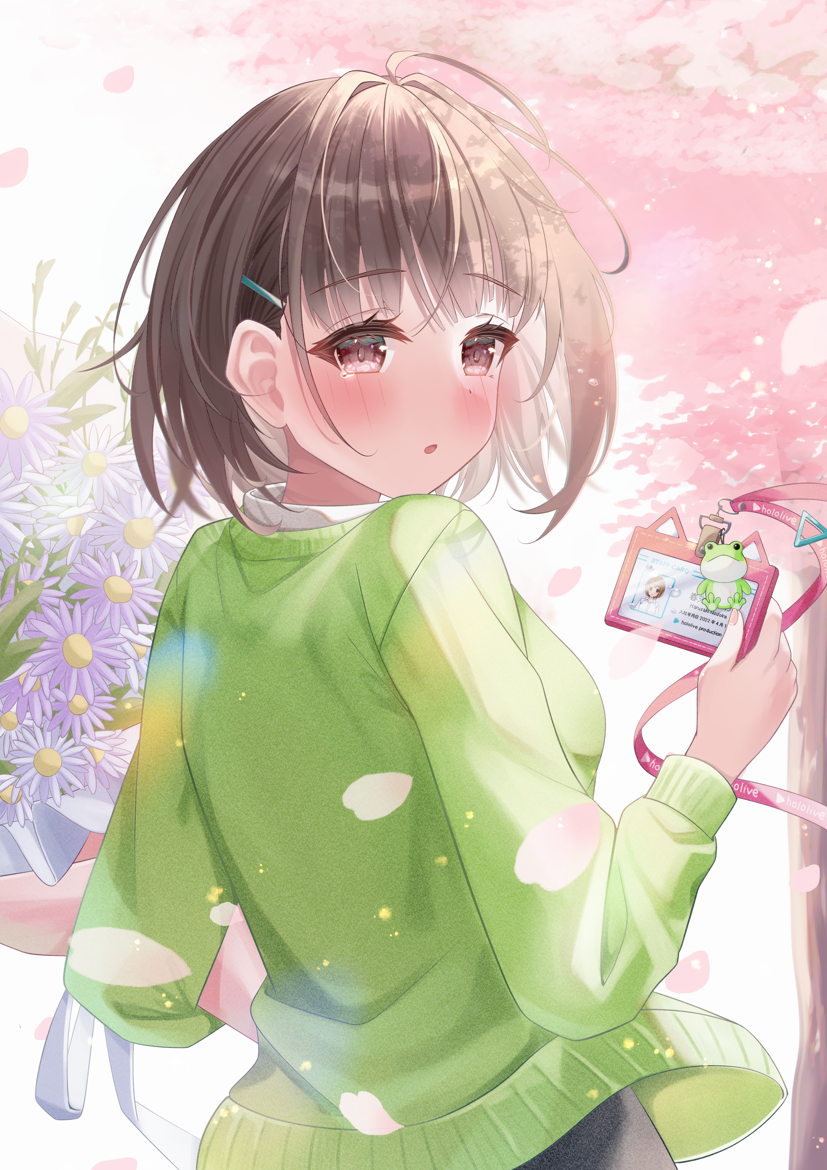 masanohe (etoileair), harusaki nodoka, hololive, absurdres, commentary request, highres, 1girl, blush, bouquet, brown eyes, brown hair, cardigan, charm (object), fingernails, flower, green cardigan, hair ornament, hairclip, holding, holding bouquet, holding lanyard, id card, looking at viewer, looking back, nail polish, petals, pink nails, purple flower, solo, tearing up, tree, virtual graduation commemoration