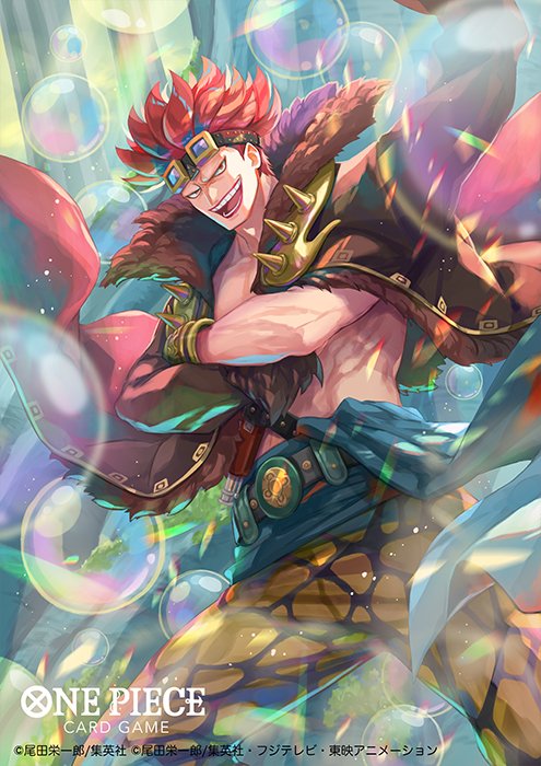 bisaiiiii, eustass kid, one piece, one piece card game, commentary request, official art, 1boy, blue sash, bubble, copyright name, crossed arms, goggles, goggles on head, gun, looking at viewer, male focus, open mouth, outdoors, pants, red hair, red lips, sash, short hair, smile, solo, weapon