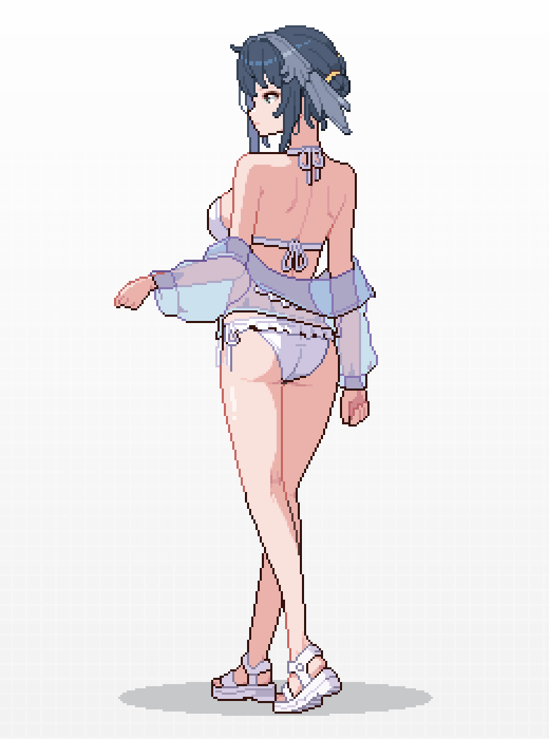 gamepix, la pluma (arknights), la pluma (summer flowers) (arknights), arknights, hashtag-only commentary, 1girl, bare shoulders, bikini, black hair, breasts, feather hair, from behind, jacket, jacket partially removed, medium breasts, official alternate costume, pixel art, sandals, see-through clothes, see-through jacket, side-tie bikini bottom, solo, standing, swimsuit, white bikini