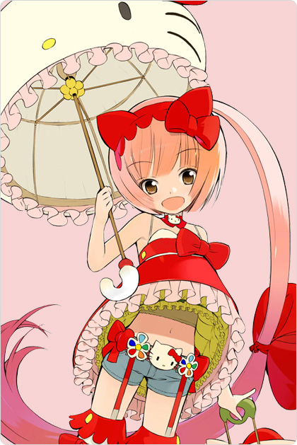 okama, nekomura iroha, hello kitty, hello kitty to issho!, sanrio, vocaloid, animal ears, bow, brown eyes, cat ears, dress, garter belt, hair bow, long hair, navel, parasol, pink hair, ponytail, short shorts, shorts, solo, thighhighs, umbrella
