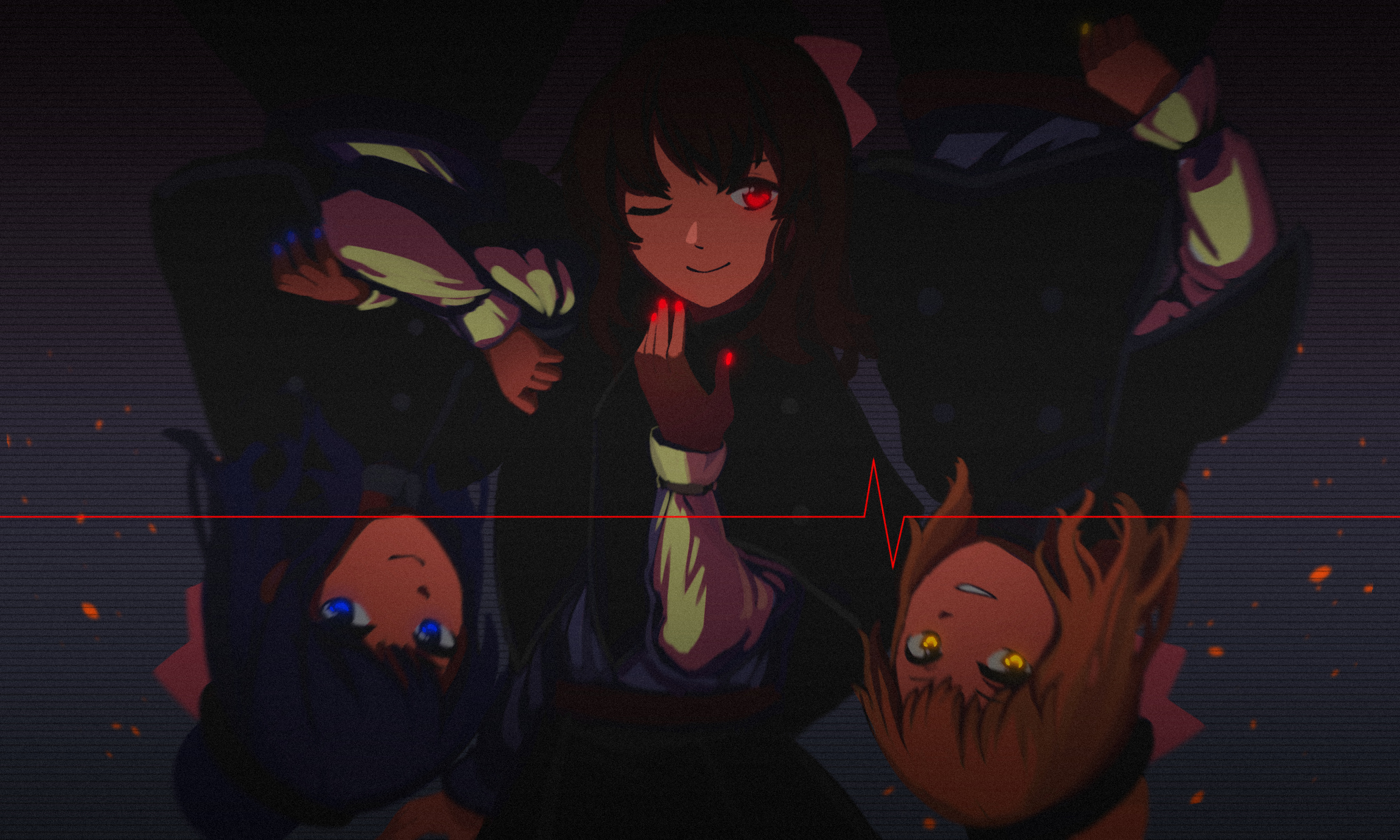 furahata gen, hecatia lapislazuli, hecatia lapislazuli (earth), hecatia lapislazuli (moon), touhou, commentary, highres, 1girl, alternate costume, belt, black skirt, black vest, blonde hair, blue eyes, blue hair, blue nails, closed mouth, crossed arms, glowing nails, hair between eyes, hair ornament, heartbeat, long sleeves, looking at viewer, medium hair, multiple persona, one eye closed, open mouth, planet hair ornament, red belt, red eyes, red hair, red nails, shirt, skirt, sleeve cuffs, smile, solo, swept bangs, vest, white shirt, yellow eyes, yellow nails