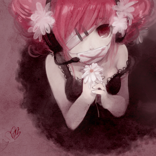 shell (shell518), kasane teto, utau, vocaloid, lowres, 1girl, bandage over one eye, bandages, drill hair, eyepatch, female focus, flower, headphones, headset, mask, mouth mask, red eyes, red hair, solo, surgical mask, twin drills, twintails