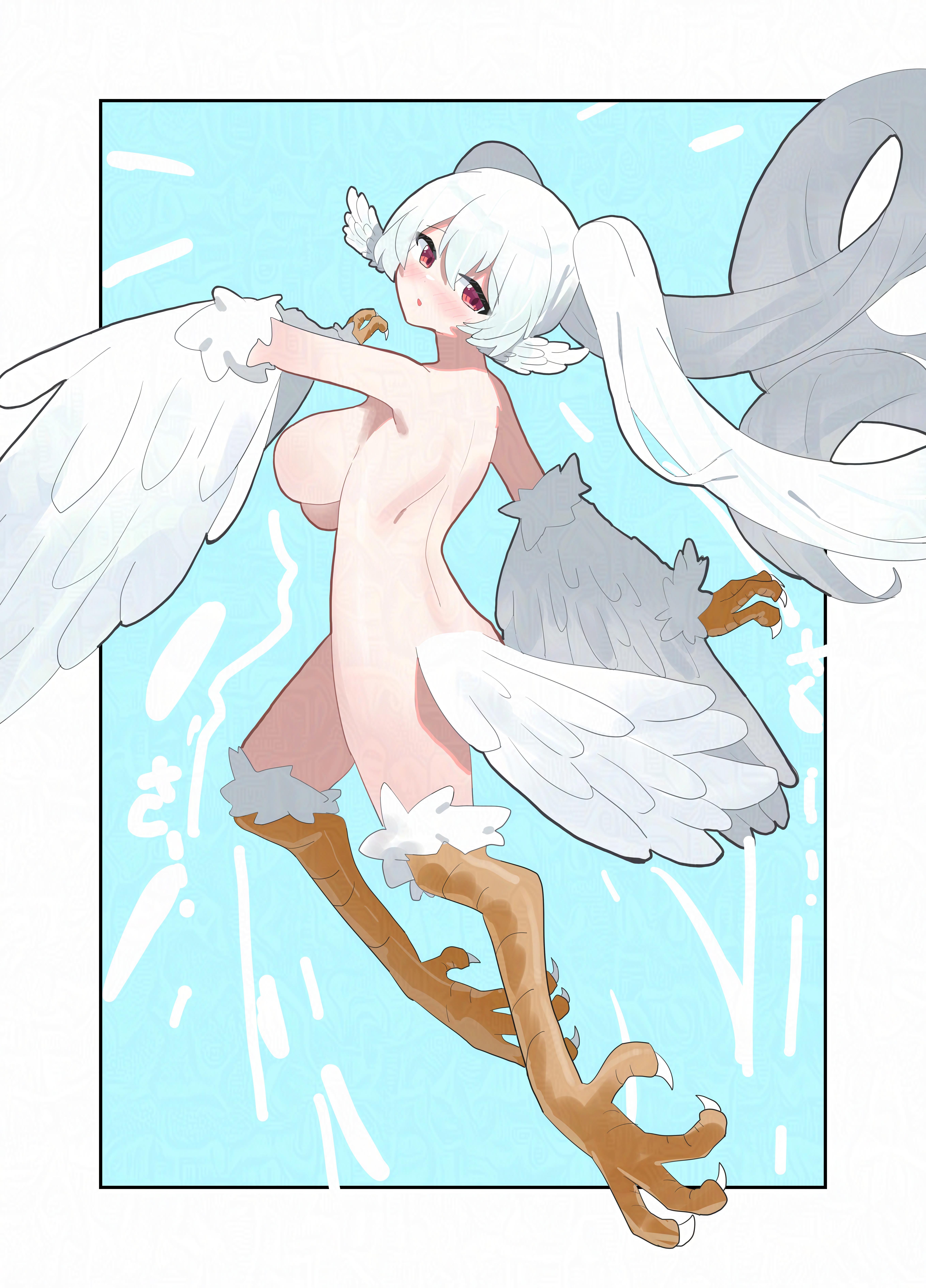 original, absurdres, commentary request, highres, 1girl, animal ears, ass, bird ears, bird legs, bird tail, blush, breasts, claws, feathered wings, feathers, genkyopainting, harpy, large breasts, long hair, looking at viewer, monster girl, nude, pink eyes, tail, talons, transformation, twintails, very long hair, white feathers, white hair, white wings, wings