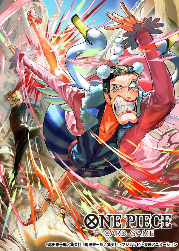 matsumoto akira, bon clay, sanji (one piece), one piece, one piece card game, commentary request, official art, 2boys, arms up, attack, ballet slippers, black hair, black suit, blonde hair, blue sky, blunt bangs, clenched teeth, coat, copyright name, formal clothes, hair over one eye, leg hair, leg up, makeup, male focus, multiple boys, pink coat, short hair, sky, smoke, suit, teeth