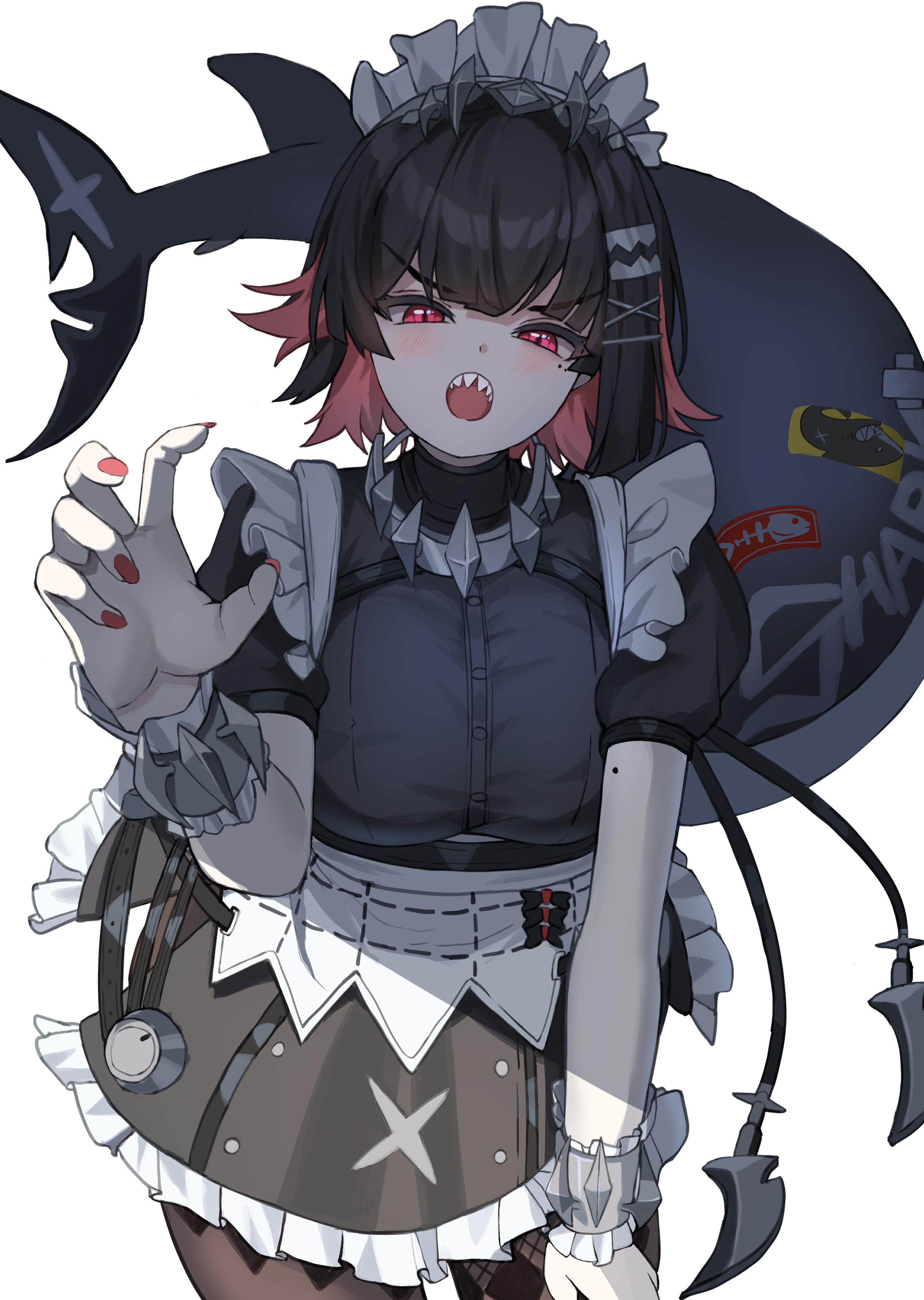 fahufahu, ellen joe, zenless zone zero, absurdres, commentary request, highres, 1girl, black hair, blush, breasts, colored inner hair, fins, fish tail, hair ornament, large breasts, looking at viewer, maid, maid headdress, mole, mole under eye, multicolored hair, pantyhose, red eyes, red hair, shark girl, shark tail, short hair, solo, tail, two-tone hair