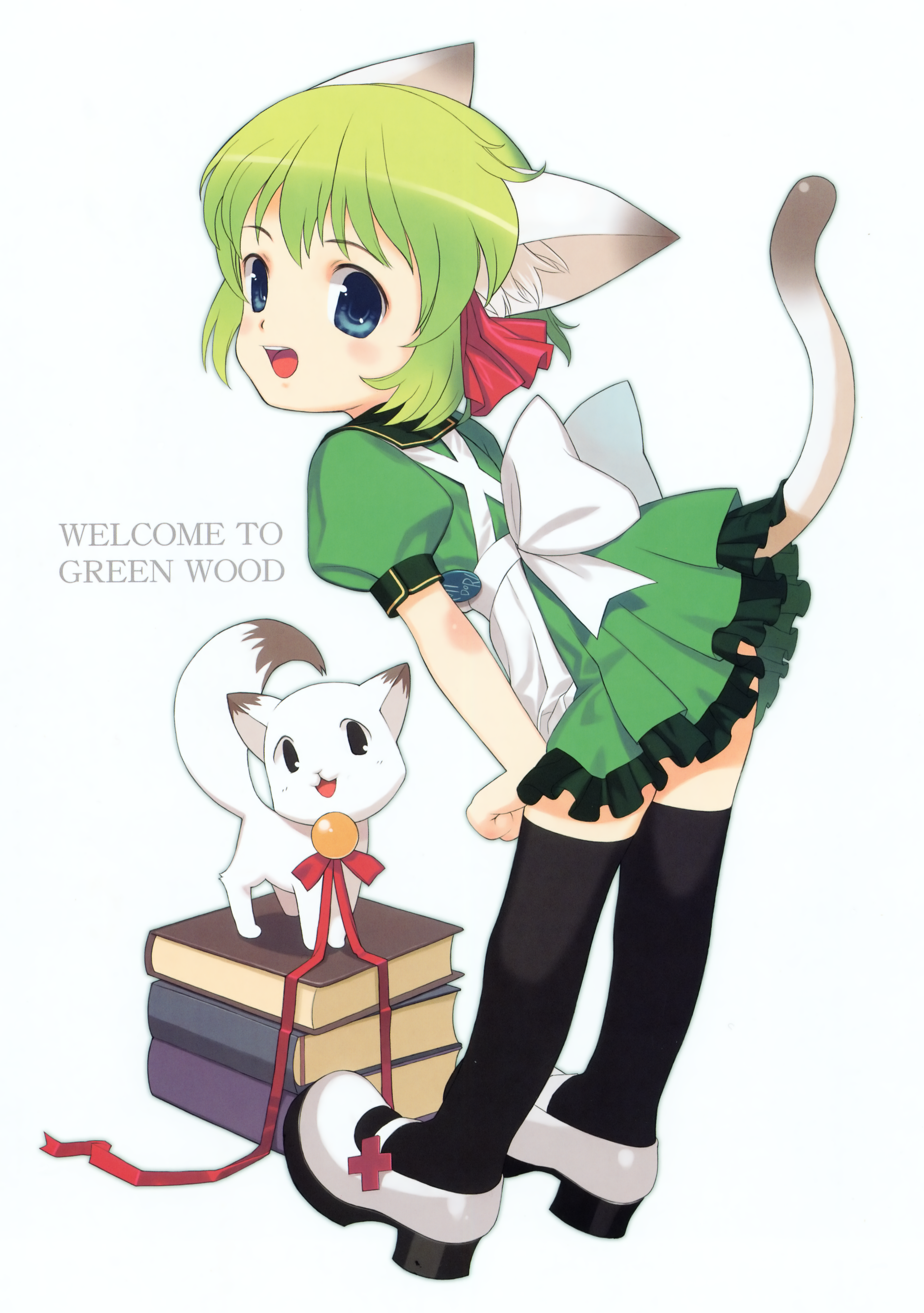 greenwood, mibu natsuki, midori, midori (greenwood), original, absurdres, highres, animal ears, apron, bell, black thighhighs, blue eyes, book, cat, cat ears, cat tail, green hair, hair ribbon, jingle bell, midori style, open mouth, ribbon, solo, tail, thighhighs