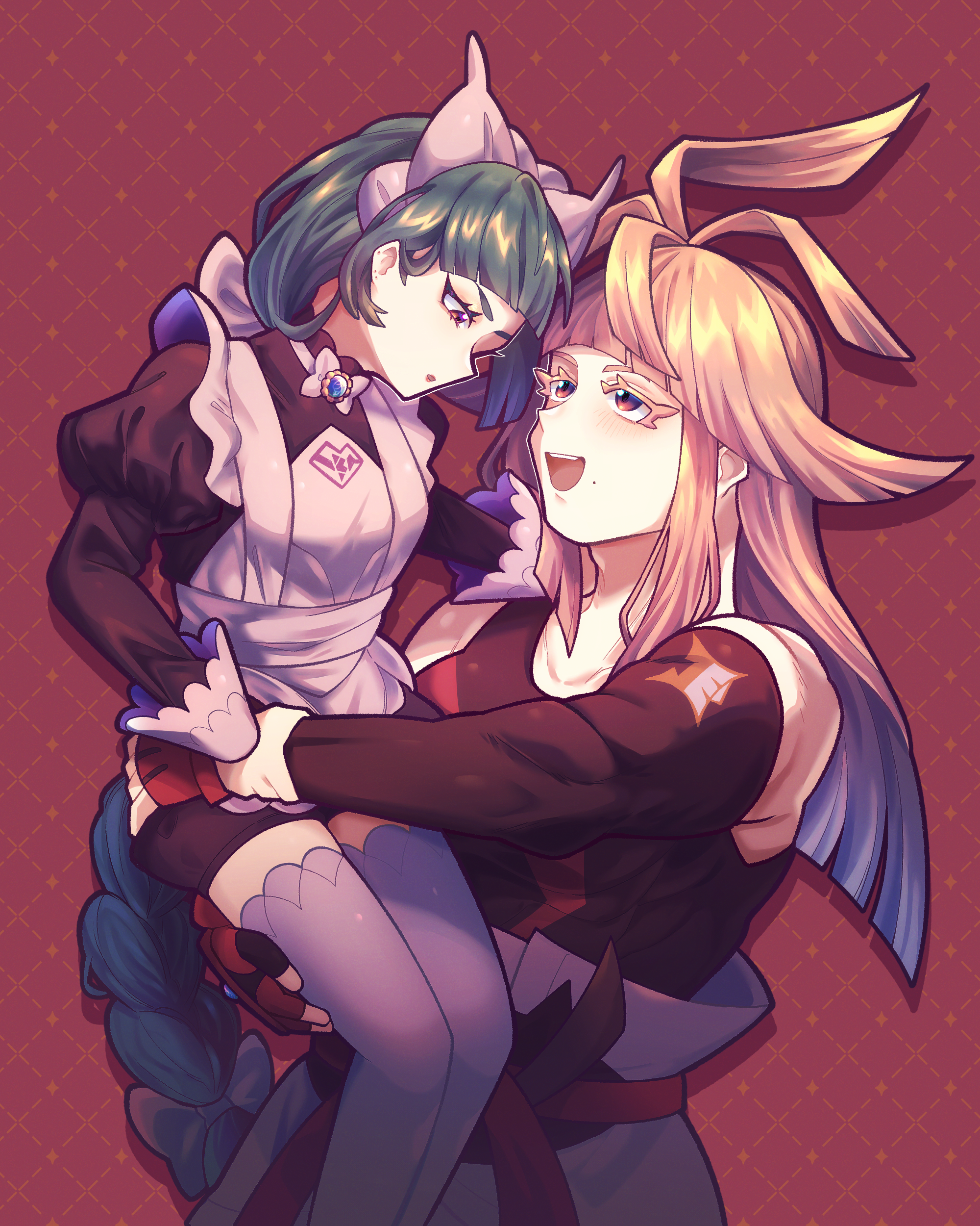 ivor (pokemon), lebanne (pokemon), nintendo, pokemon, pokemon legends: z-a, absurdres, commentary request, highres, 1boy, 1girl, apron, belt, black romper, blonde hair, blunt bangs, bow, bowtie, braid, braided ponytail, carrying, dougi, fumafuma735, green hair, juliet sleeves, karate gi, long braid, long hair, long sleeves, maid, maid apron, maid headdress, mole, mole under mouth, o-ring, o-ring belt, open mouth, pink lips, princess carry, puffy sleeves, romper, smile, tsurime, white bow, white bowtie