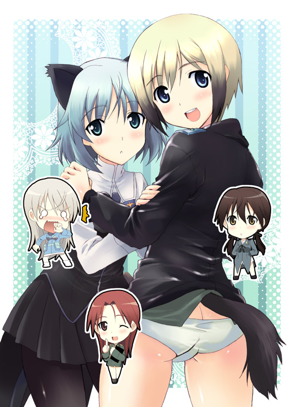 kyogoku shin, eila ilmatar juutilainen, erica hartmann, gertrud barkhorn, minna-dietlinde wilcke, sanya v. litvyak, strike witches, world witches series, bad id, bad pixiv id, 00s, 5girls, :<, animal ears, aqua eyes, ass, black pantyhose, blonde hair, blue eyes, blue hair, blush, butt crack, cat ears, cat tail, chibi, dog ears, dog tail, from behind, hug, looking back, lowleg, lowleg panties, multiple girls, one eye closed, panties, pantyhose, short hair, skirt, tail, tears, underwear, white panties, white pantyhose, wink