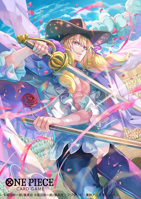 bisaiiiii, cavendish (one piece), one piece, one piece card game, commentary request, official art, 1boy, blonde hair, blue eyes, coat, coat on shoulders, copyright name, drill hair, dutch angle, flower, glint, hat feather, holding, holding sword, holding weapon, male focus, outdoors, pants, pink petals, red flower, red rose, rose, shirt, smile, solo, sword, weapon, white shirt