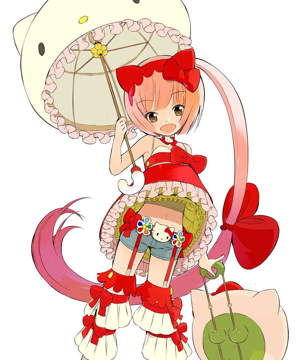 okama, nekomura iroha, hello kitty, hello kitty to issho!, sanrio, vocaloid, highres, jpeg artifacts, 1girl, animal ears, bow, brown eyes, cat ears, dress, female focus, garter belt, hair bow, long hair, navel, parasol, pink hair, ponytail, short shorts, shorts, solo, thighhighs, transparent background, umbrella