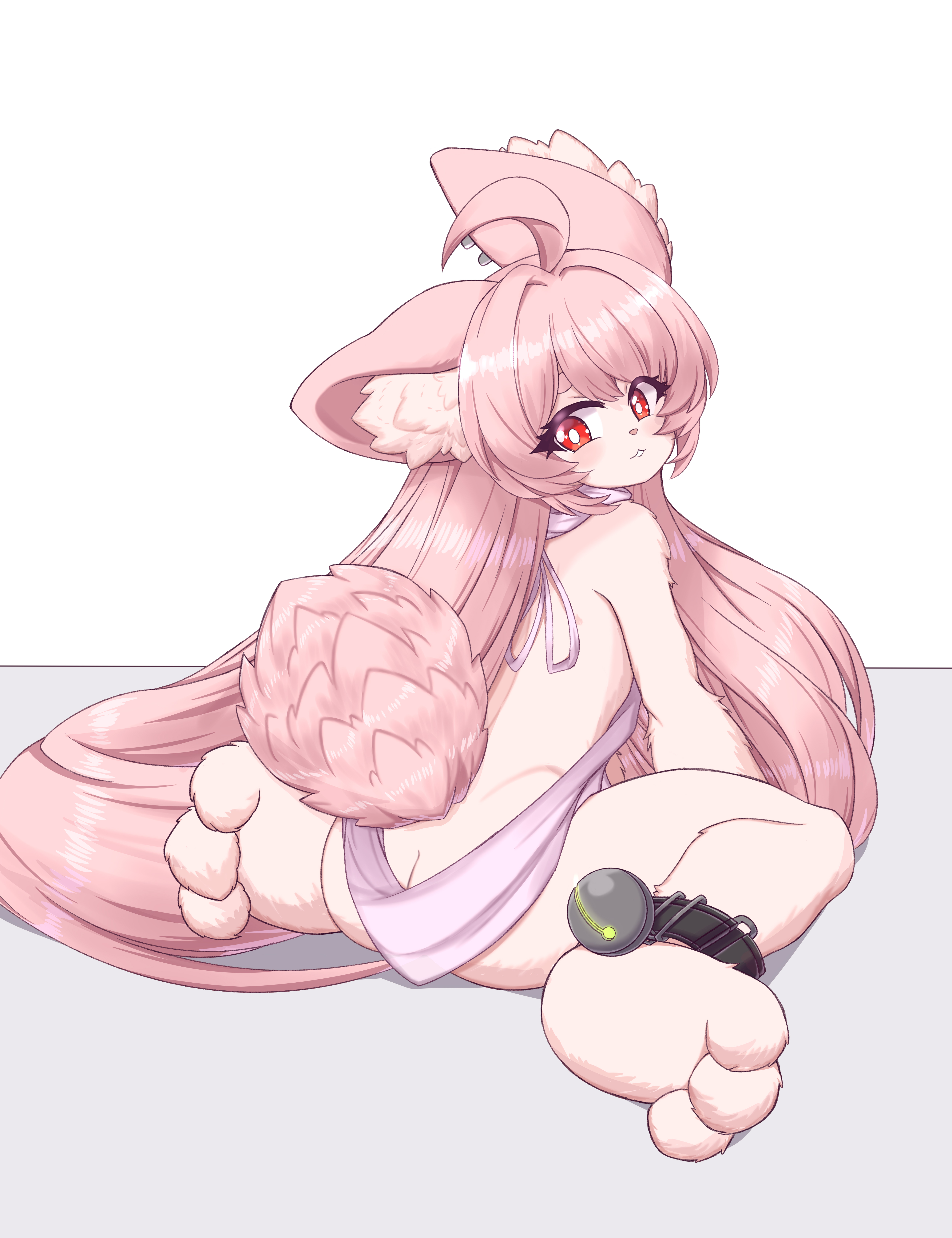 takkikun, zhao (zenless zone zero), zenless zone zero, absurdres, highres, 1girl, :3, ahoge, animal ear fluff, animal ears, body fur, breasts, closed mouth, long hair, looking at viewer, pink fur, pink hair, pink sweater, rabbit ears, rabbit girl, rabbit tail, red eyes, small breasts, smile, solo, sweater, tail, very long hair, virgin killer sweater