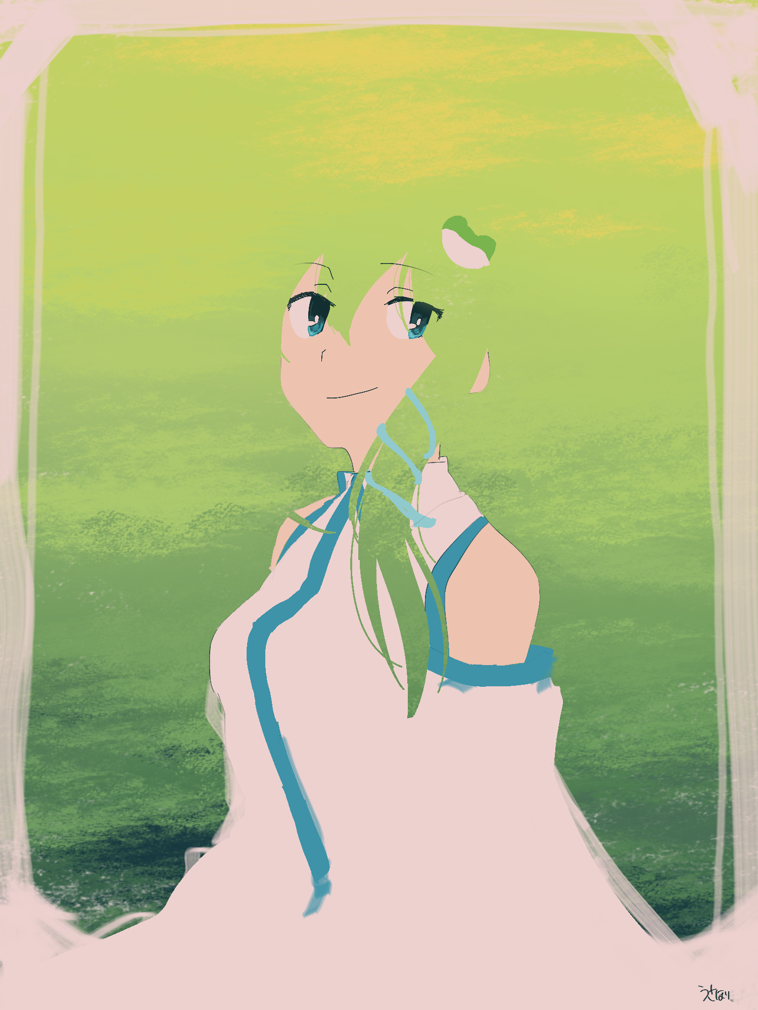 irohasu (sasagarasu), kochiya sanae, touhou, commentary, highres, 1girl, blending, blue eyes, border, closed mouth, collared shirt, detached sleeves, frog hair ornament, green background, green hair, hair ornament, long hair, looking at viewer, shirt, sidelocks, signature, sleeveless, sleeveless shirt, smile, snake hair ornament, solo, upper body, white border, white shirt, white sleeves