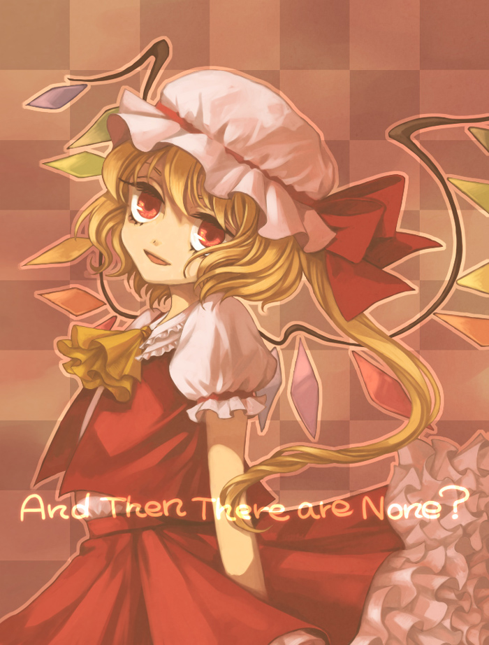rinka, flandre scarlet, touhou, 1girl, blonde hair, blouse, collared shirt, english text, female focus, from side, hat, mob cap, red eyes, ribbon, shirt, short hair, solo, standing, white hat, white shirt