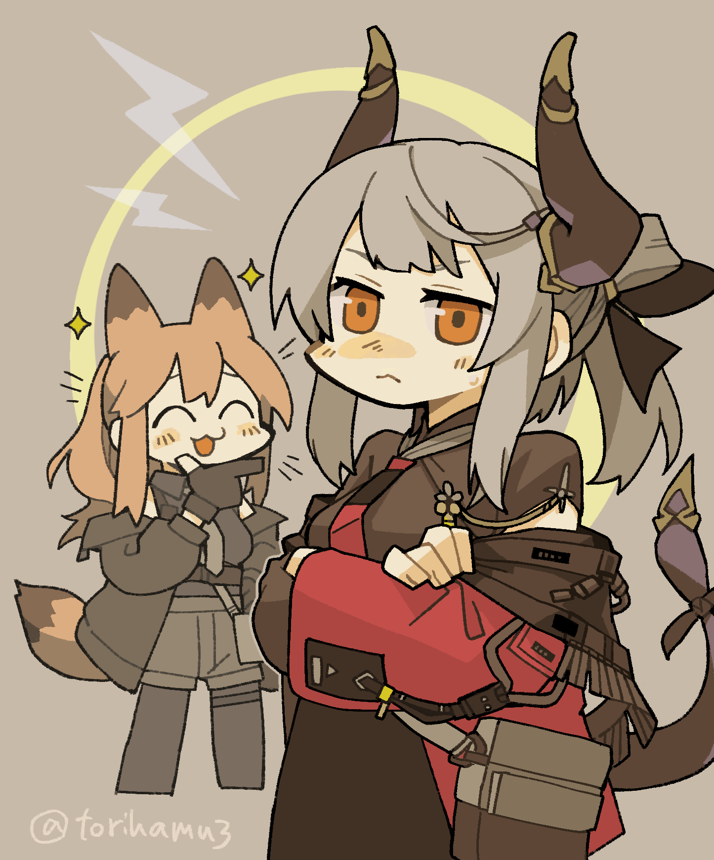 konno akikaze, franka (arknights), liskarm (arknights), liskarm (spring vouivre) (arknights), arknights, commentary request, highres, 2girls, :3, ^ ^, animal ears, black coat, black gloves, black shirt, blush, brown background, brown hair, brown shirt, closed eyes, coat, cowboy shot, cropped legs, crossed arms, demon horns, finger to own chin, fox ears, fox girl, fox tail, full body, gloves, grey hair, grey shorts, horns, jacket, l hand, long hair, looking at another, looking at viewer, multiple girls, necktie, official alternate costume, ooarai school uniform, open mouth, orange eyes, partially fingerless gloves, ponytail, pouch, red jacket, red necktie, school uniform, shirt, short sleeves, shorts, simple background, smile, tail, twitter username
