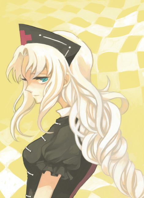 rinka, yagokoro eirin, touhou, silver hair, 1girl, blue eyes, breasts, female focus, half-closed eyes, hat, solo, upper body