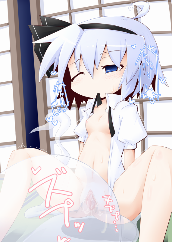 reku, konpaku youmu, konpaku youmu (ghost), touhou, silver hair, 1girl, blue eyes, blush, bottomless, breasts, female masturbation, ghost, hairband, hitodama, masturbation, medium breasts, mouth hold, navel, nipples, object insertion, one eye closed, open clothes, open shirt, pussy, pussy juice, selfcest, sex, shirt, short hair, solo, spread legs, text focus, uncensored, vaginal, vaginal object insertion, wink