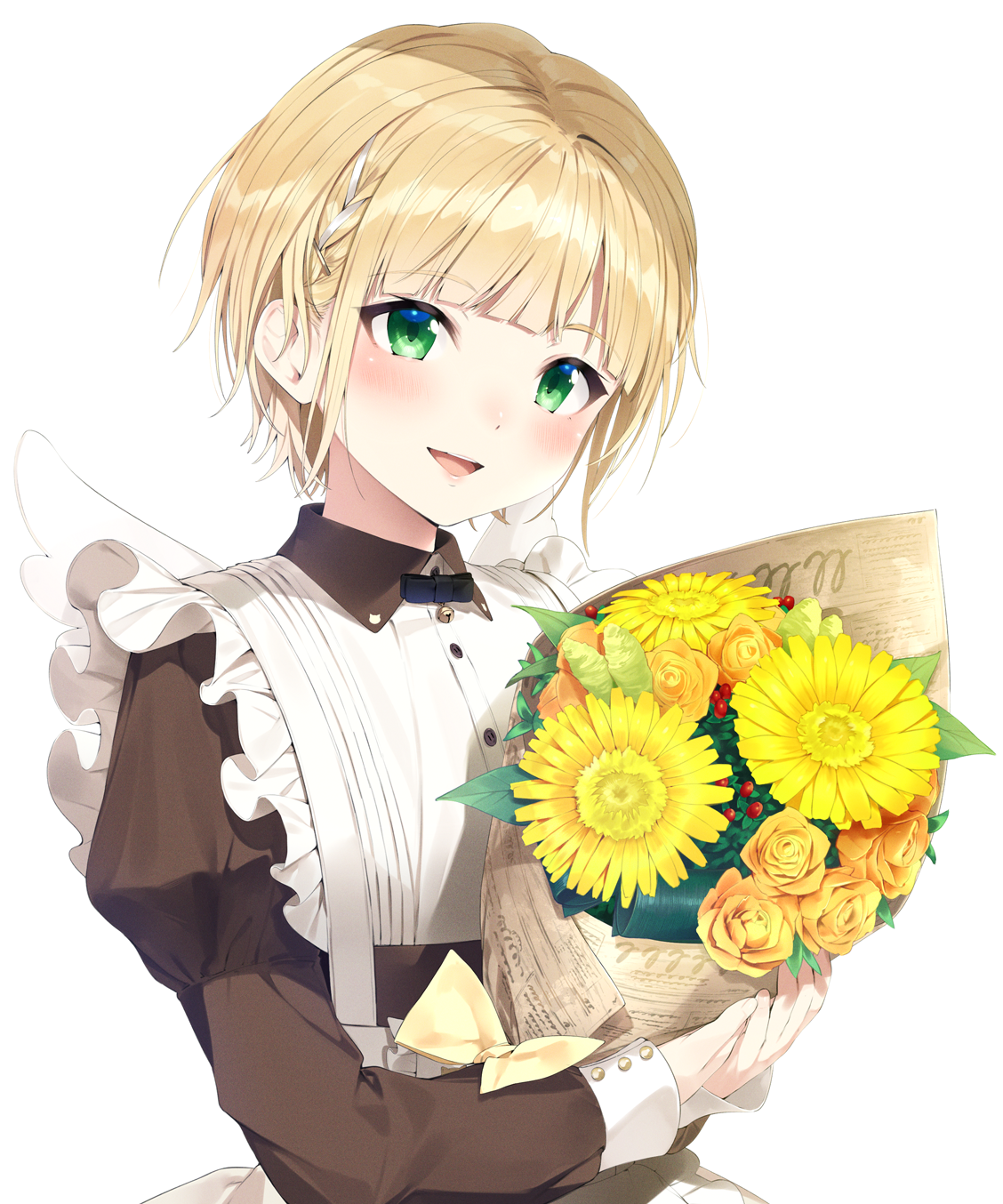 nezumidoshi, suzuya aki, suzuya aki (5th costume), nijisanji, commentary request, highres, 1boy, apron, black dress, blonde hair, blush, bouquet, braid, collared dress, crossdressing, crossdressing (mtf), dress, flower, green eyes, holding, holding bouquet, juliet sleeves, long sleeves, male focus, official alternate costume, official alternate hairstyle, official artist extra, puffy sleeves, rose, solo, tongue, virtual youtuber, white apron, yellow flower