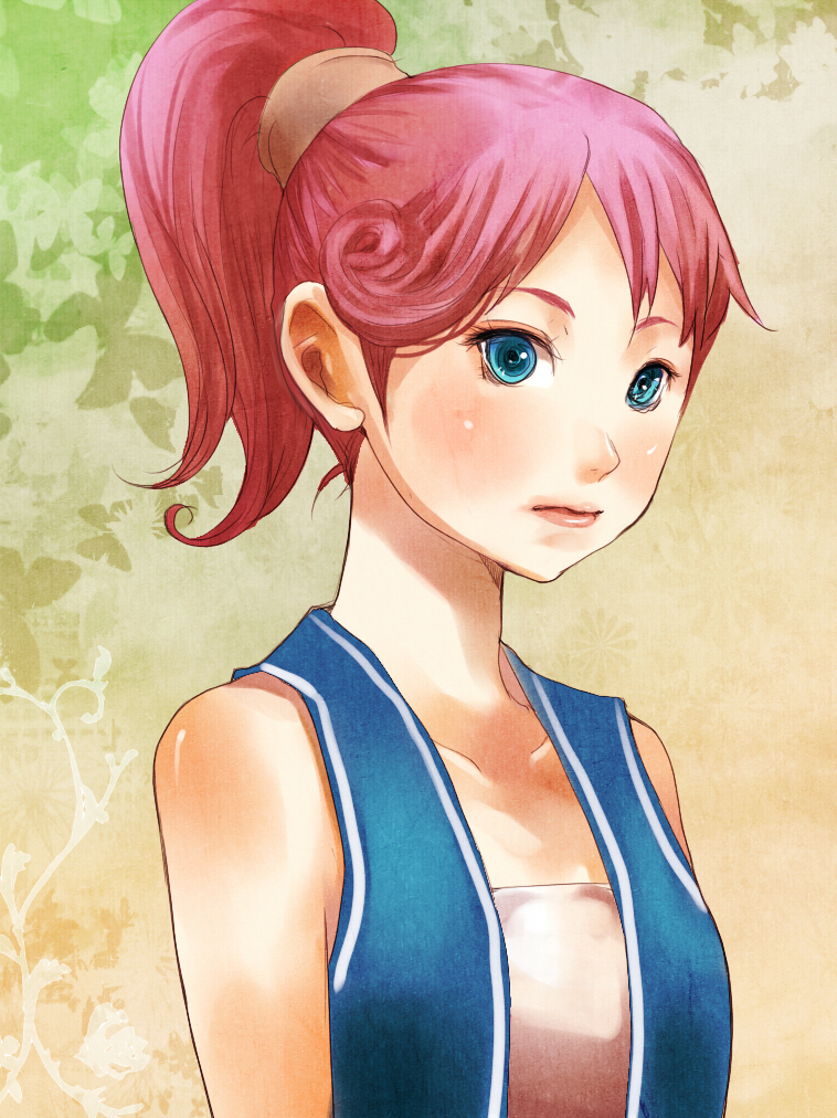 shigureteki, merchant (dq3), chunsoft, dragon quest, dragon quest iii, enix, bad id, bad pixiv id, 1girl, bare shoulders, blue eyes, female focus, lips, pink hair, ponytail, short hair, solo