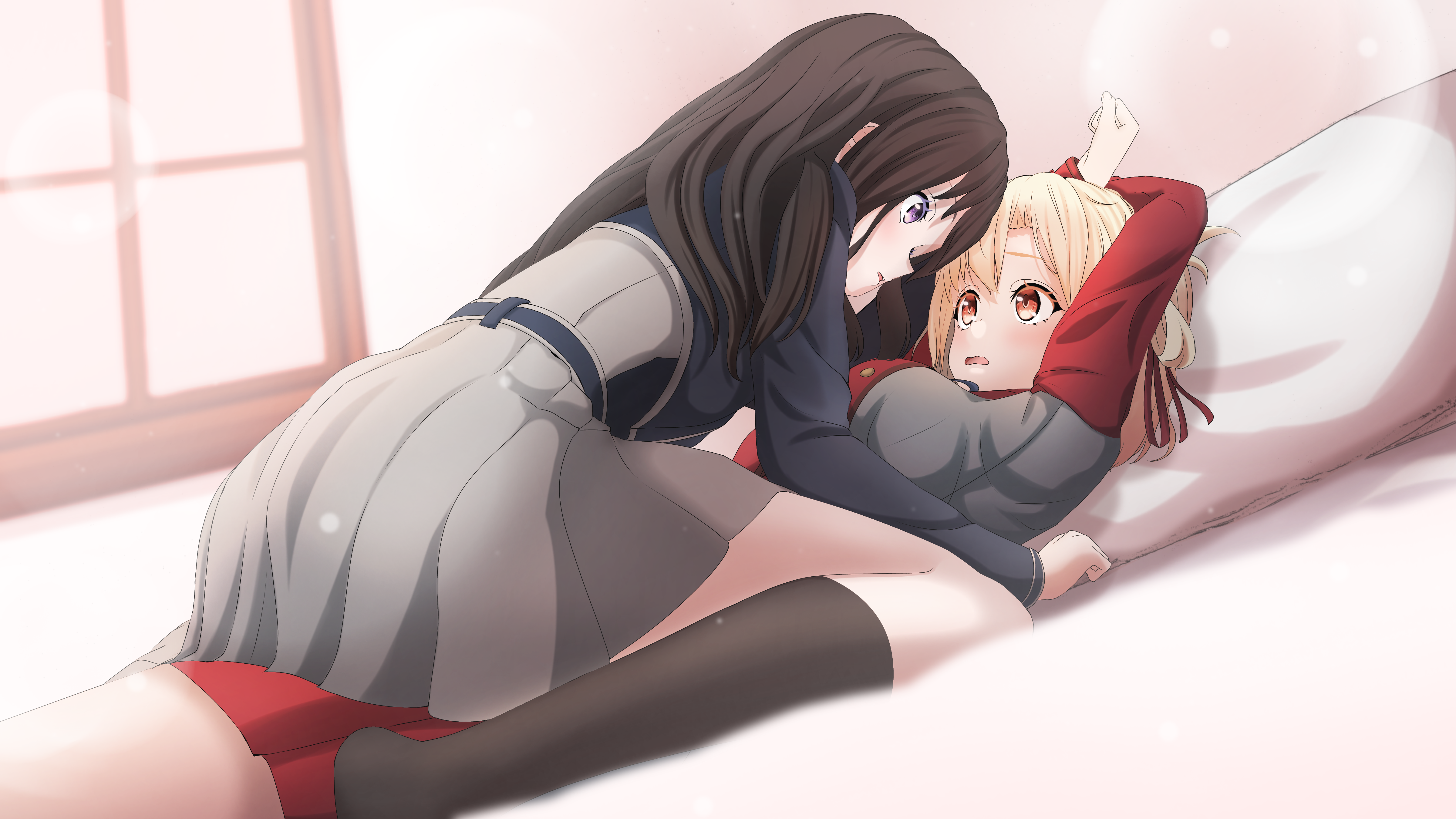 asutokun th, inoue takina, nishikigi chisato, lycoris recoil, absurdres, commentary, english commentary, highres, 2girls, black hair, blonde hair, blue dress, blush, breasts, dress, grey dress, hair ribbon, long hair, lycoris uniform, multiple girls, open mouth, purple eyes, red dress, red eyes, red ribbon, ribbon, shirt, short hair, two-tone dress, yuri